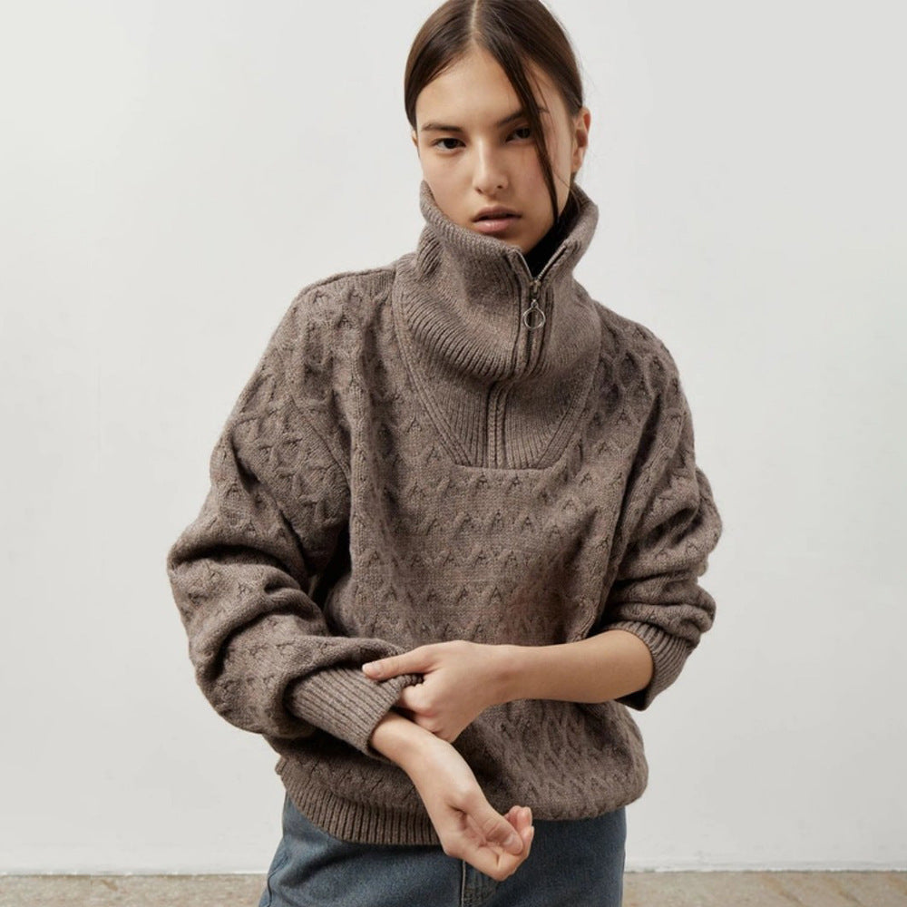 Kvinders mønstrede sweater med høj krave og lynlås Stilla