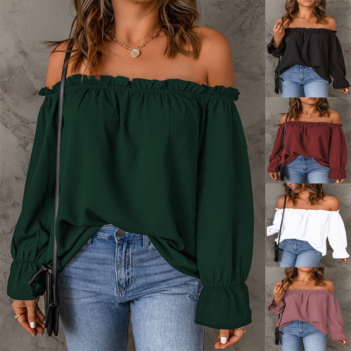 Damernes Off-Shoulder Bluse med Volangærmer og Dekorativ Kant Stilla