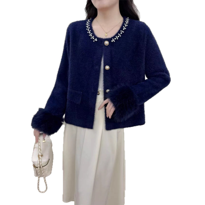 Damer elegant cardigan med perle dekoration og fluffy ærmer Stilla