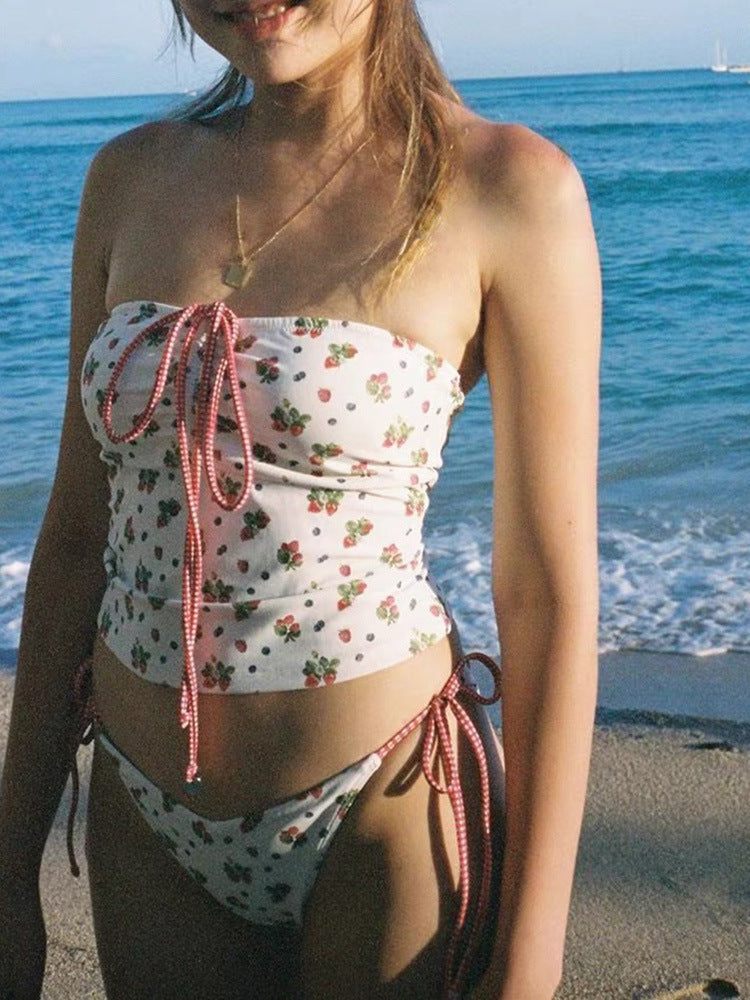 Dame bandeau-bikini-sæt med legesyg snøre-detalje Skovae