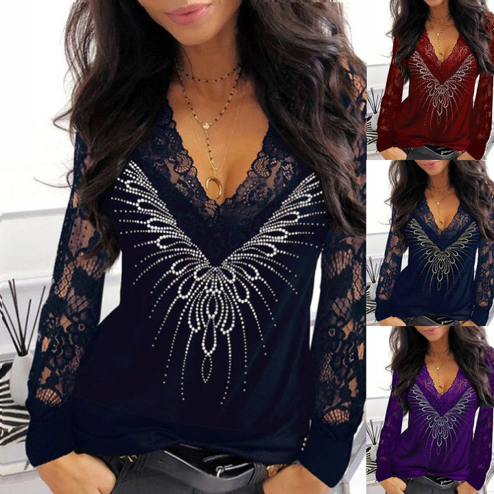 Dame spidsdetail V-hals top med rhinestone accenter Stilla
