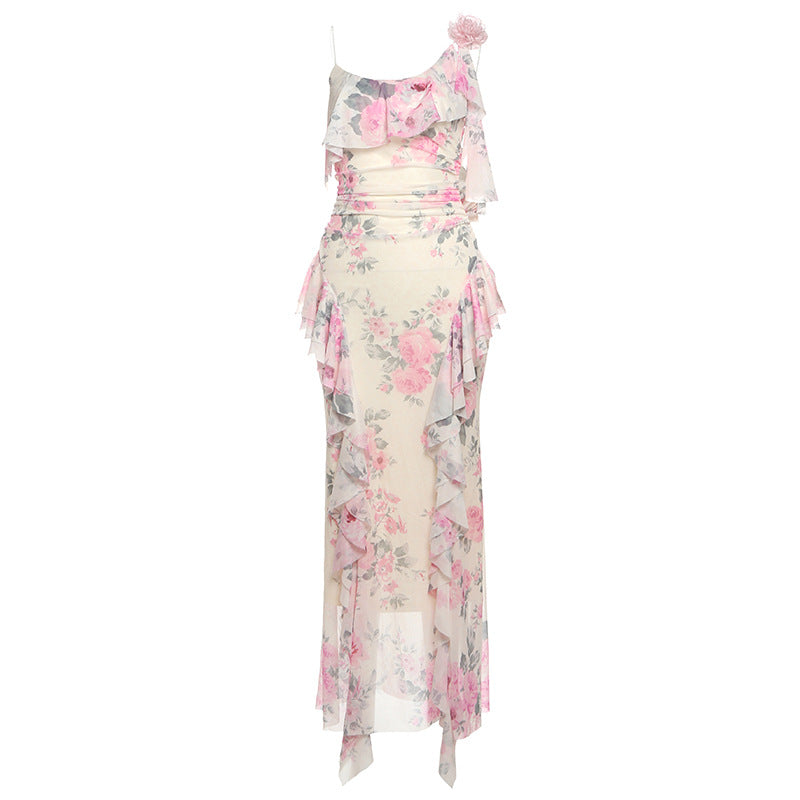Dame Maxikjole med asymmetrisk ruffle-design og blomster mønster Stilla