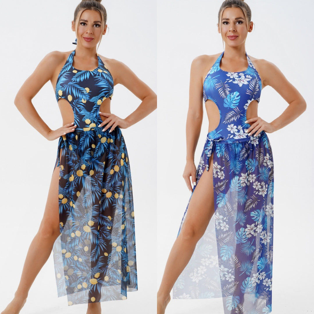 Dame Én-delt Badedragt med blomster Cut-Out-design og gennemsigtig Strandkjole Stilla