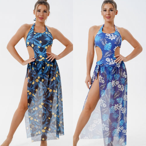 Dame Én-delt Badedragt med blomster Cut-Out-design og gennemsigtig Strandkjole Stilla