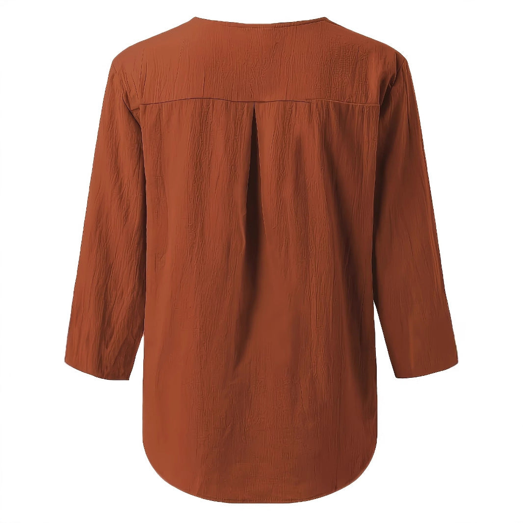 Dame Læder Linned Bluse med Knapliste Stilla