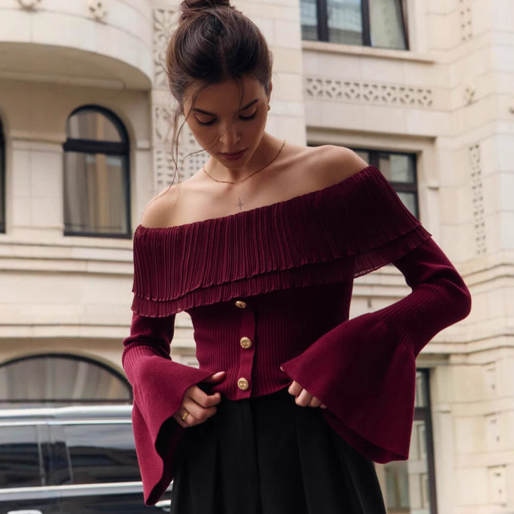 Dame Raffineret Off-Shoulder-Striktrøje med Flæser og Knapliste Stilla