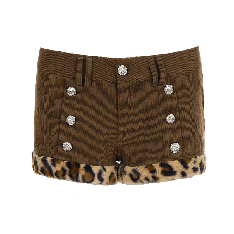 Dame modische shorts aus cord mit kragenfransen und dekorativen knöpfen Skovae