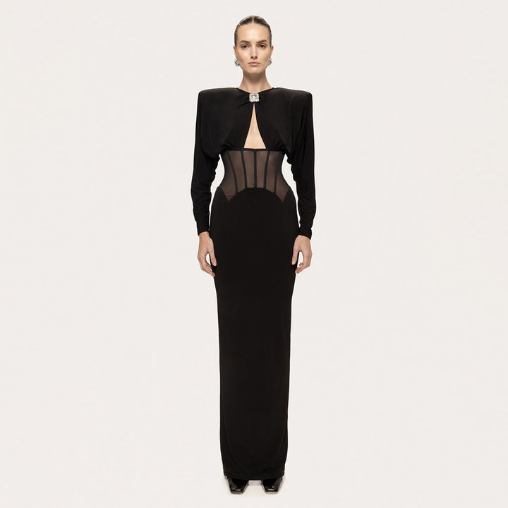 Dame Elegant aftenkjole med transparente indlæg og figursyet design Skovae