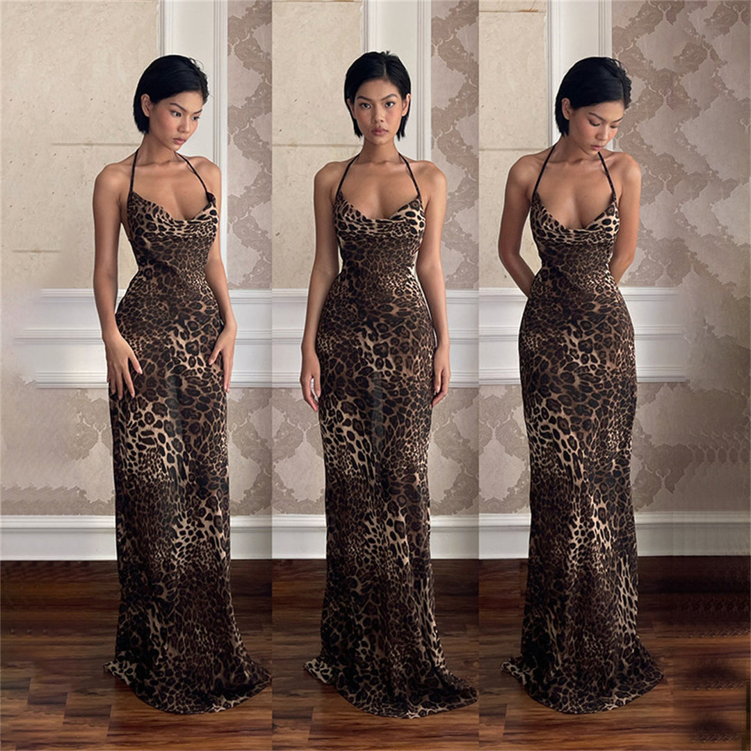 Damer Elegant Cut-Out Aftenkjole med Leopardmønster Stilla