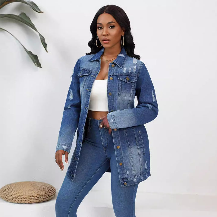 Dame afslappet denimjakke i moderne oversized snit med frynset accenter Stilla