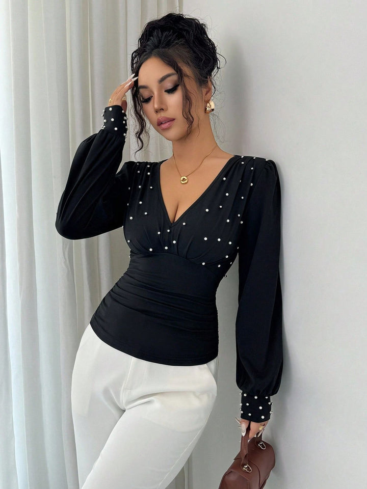 Kvinders elegante bluse skjorte med V-hals og dekoration Stilla