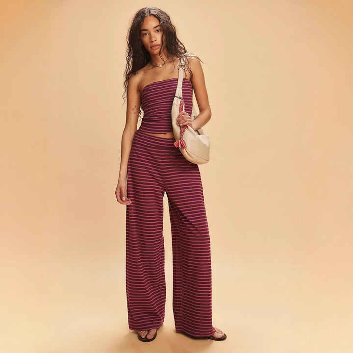 Femme Stilfuld Offshoulder Crop Top og Bredbenet Bukser Sæt Stilla