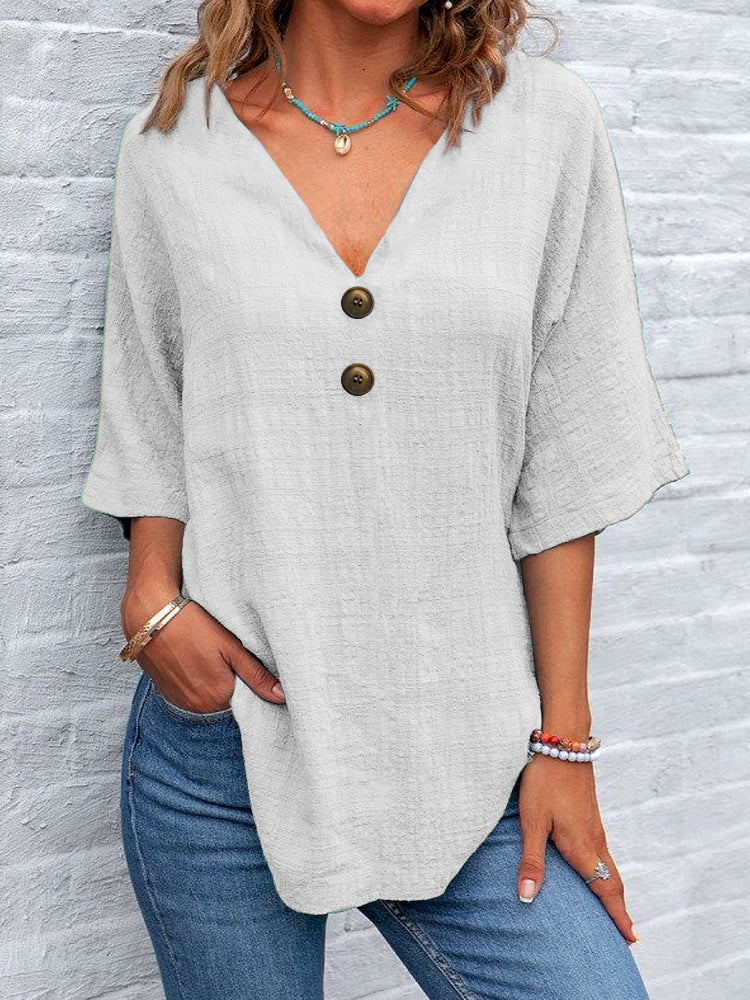 Dame V-hals bluse med knapdetaljer Skovae