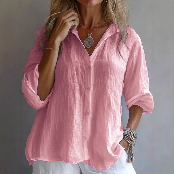 Dame Løst skåret linnedbluse med knaplukning og opfoldede ærmer Stilla