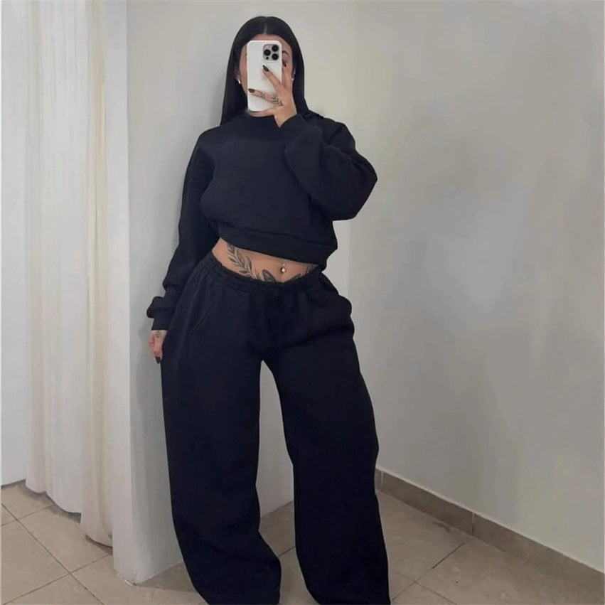 Kvinders Komfortable Sæt af Korte Sweatshirts og Bred Joggingbukser Skovae