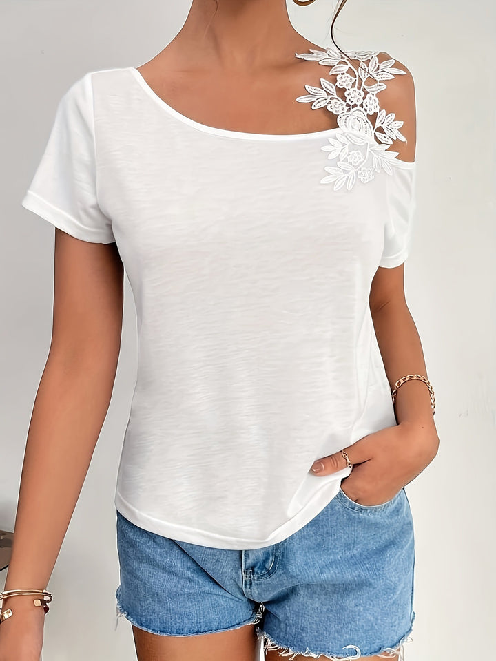 Dame uden skuldertop Jerseyshirt med floral spidsapplikation og løs pasform Skovae