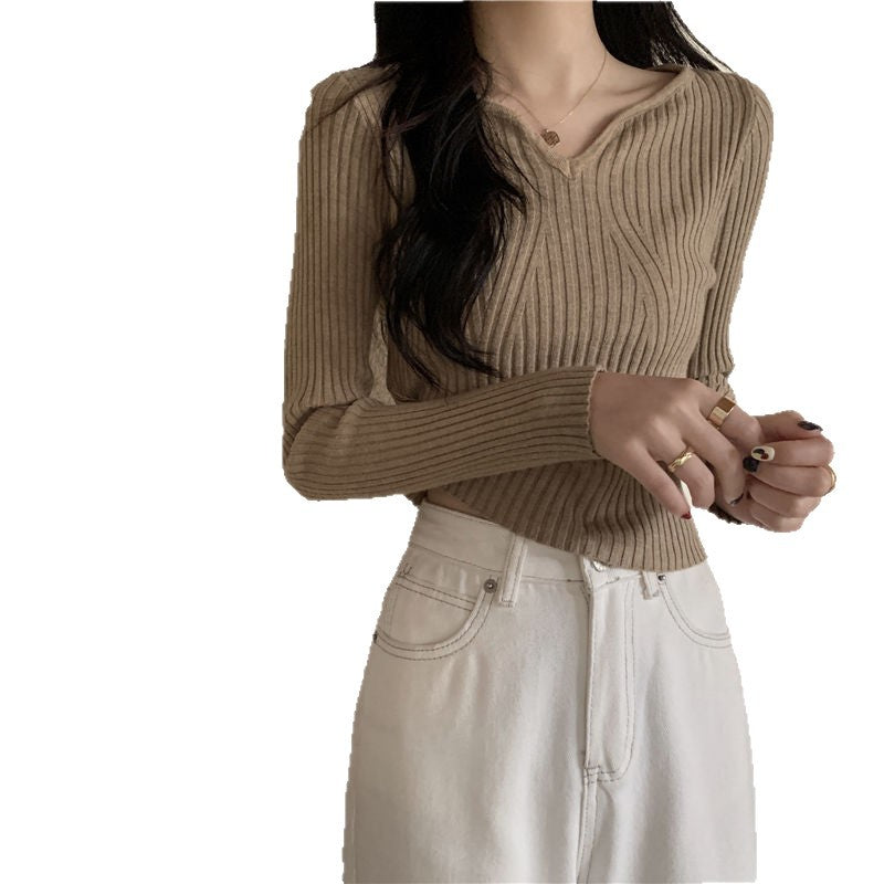 Kvinders V-formede finstrikket sweater med ribstruktur Stilla