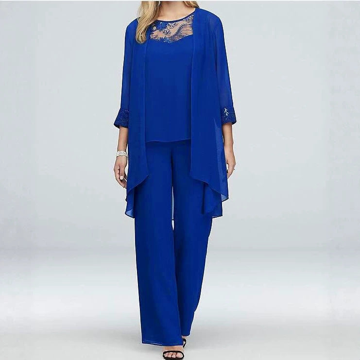 Dame nan flydende chiffon aftenensemble med spidsbesætning, kimono cardigan og bred palazzo bukser Skovae