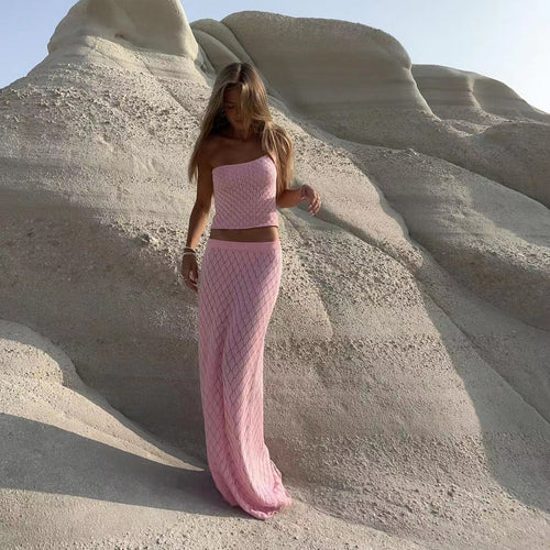 Dame Strikket Crop Top og Maxi Nederdel Sæt Stilla