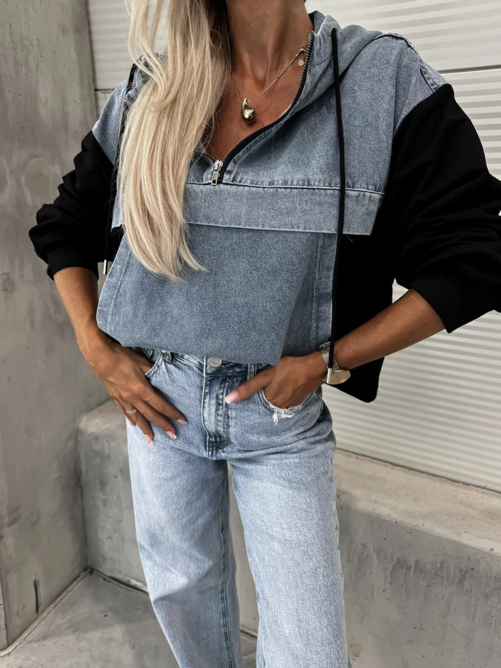 Damer afslappet denim-hættebluse med hætte og kontrasterende ærmer Stilla