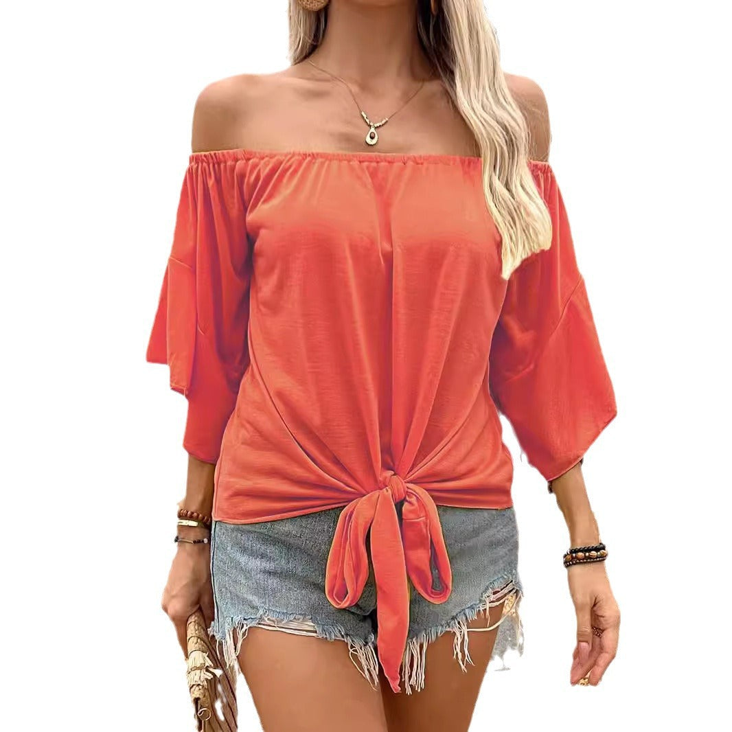 Dame Off-Shoulder Top med Smart Knytedetalje og Luftige Ærmer Skovae