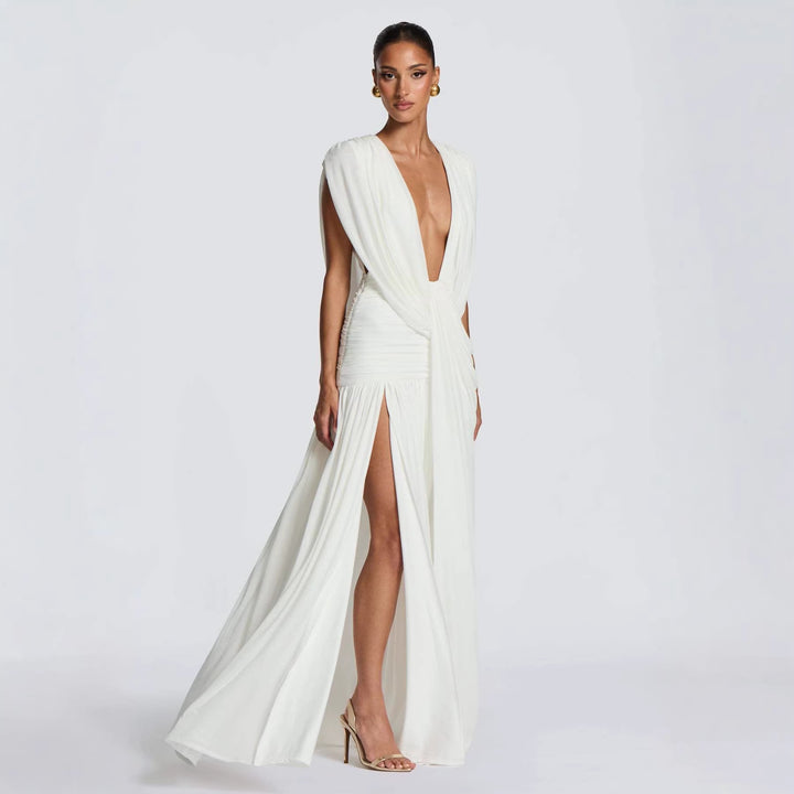 Damer Elegant Wrap Dress med Dyb V-Hals og Rynket Skirt