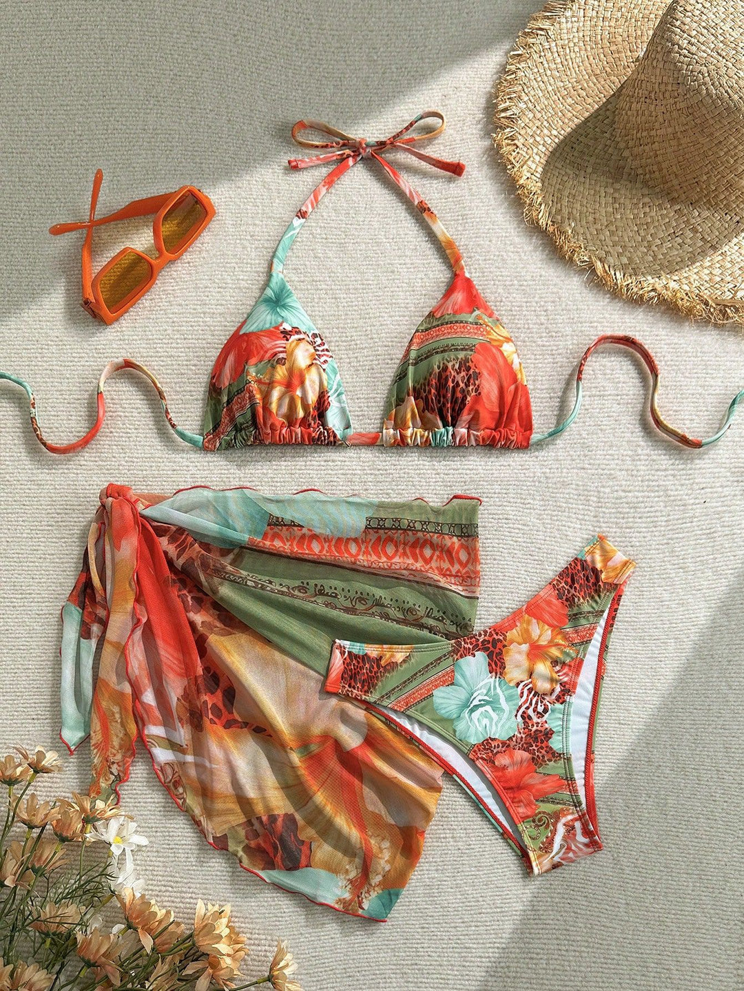 Dame Floral Bikini-Set med kombination af top og indpakningstørklæde Skovae