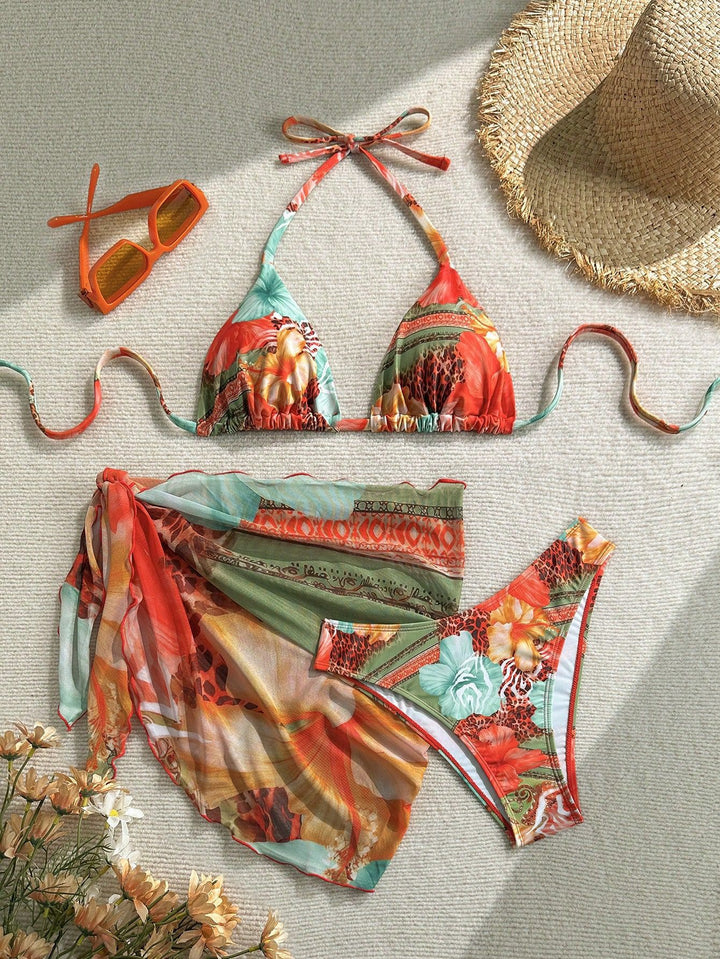 Dame Floral Bikini-Set med kombination af top og indpakningstørklæde Skovae