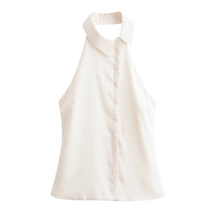 Dame Halterneck Bluse med elegant knapliste Skovae