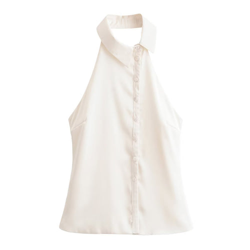 Dame Halterneck Bluse med elegant knapliste Skovae