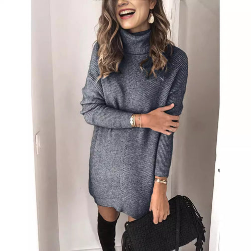 Damer elegant strikkjole med høj krave og fint ribdesign Stilla