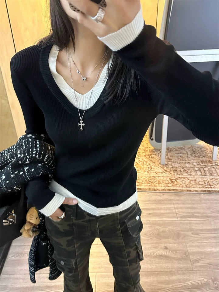Damer V-hals finstrikket sweater med kontrastmanchetter Stilla