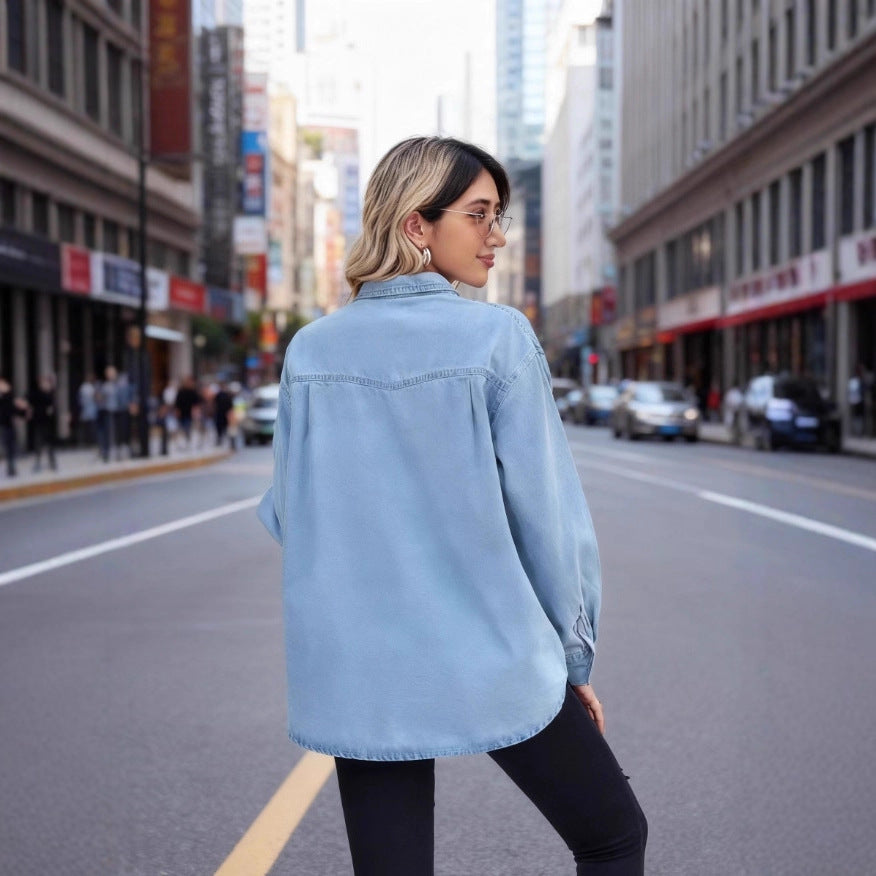 Dame Casual Denim Skjorte Bluse med Praktiske Brystlommer Stilla