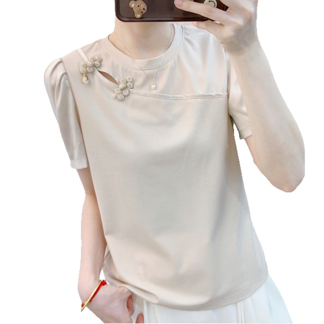 Dame moderigtigt T-shirt med puffærmer og elegant dekoration Stilla