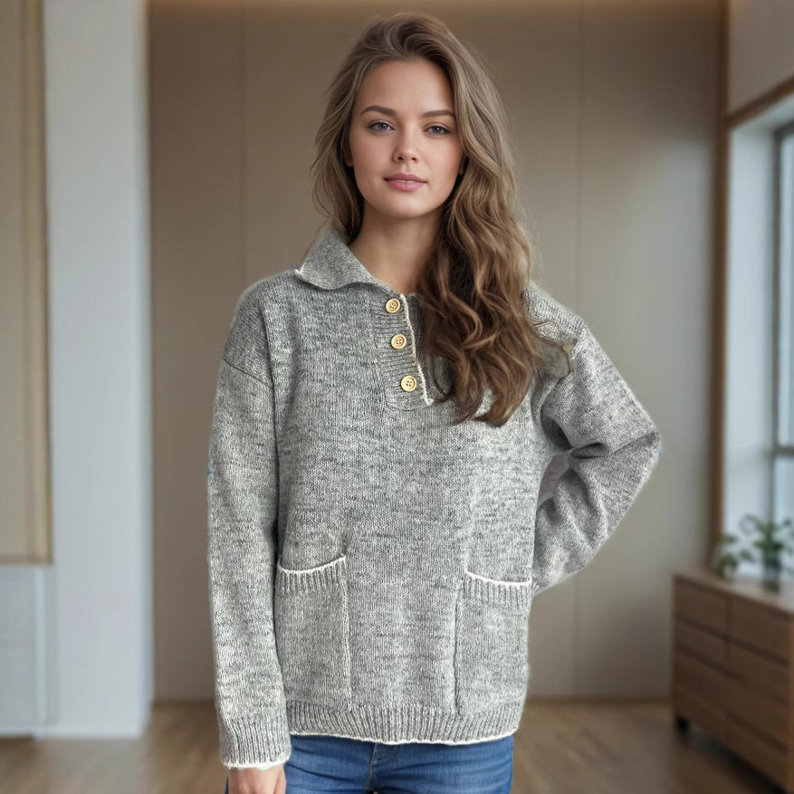 Kvinders afslappede strikket sweater med knaplukning og påsynede lommer Stilla
