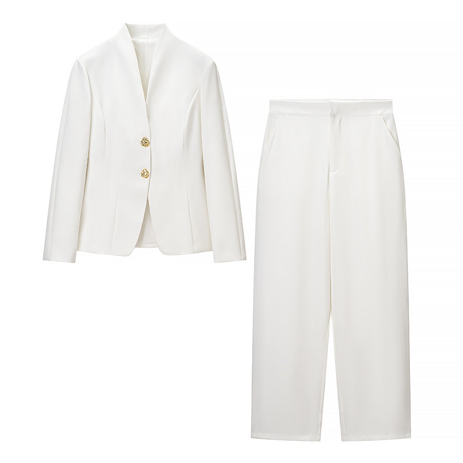Kvinder Elegant Blazer og Bukser Sæt med Guldknapper Stilla