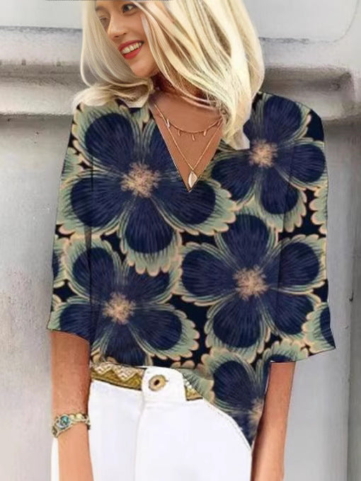 Dame V-hals bluse med blomsterdesign og rummelig pasform Stilla