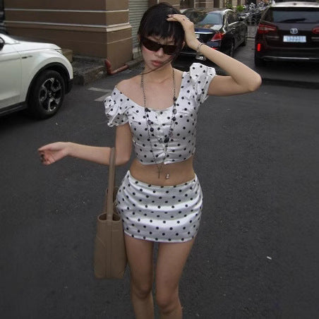 Femme Polka Dot Crop Top og Mini Skirt Sæt Stilla