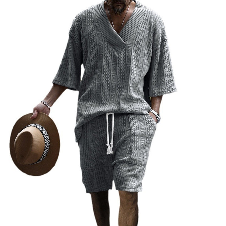 Herren casual struktur strik sæt med dyb V-udskæring boxy kortærmet sweater og snore shorts Skovae