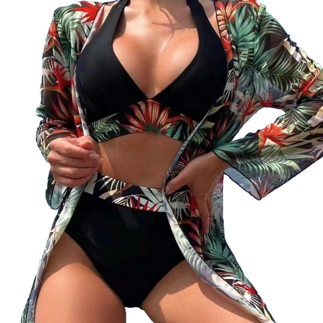 Dame bikinisæt med blomstret kimono og høj talje Stilla