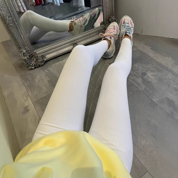 Dame Høj Kvalitet Ribbet Design Leggings med Høj Talje Skovae
