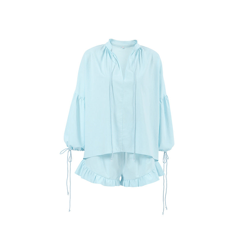 Dame let sommerbluse og shorts sæt med flæsedetaljer Stilla