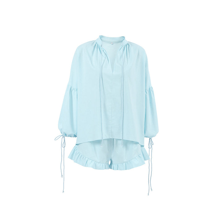 Dame let sommerbluse og shorts sæt med flæsedetaljer Stilla