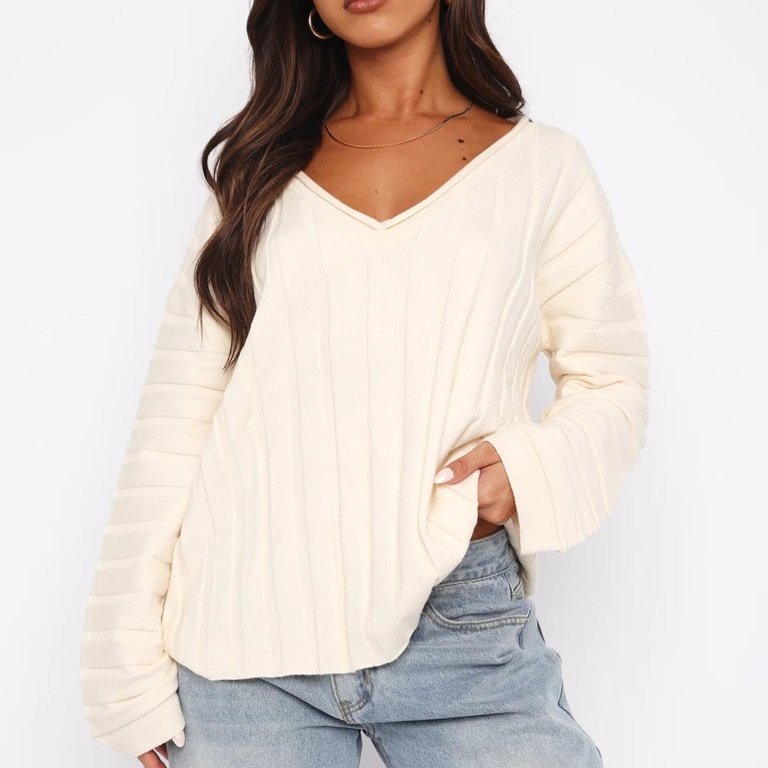Kvinde casual pullover med V-hals og stribet mønster Skovae