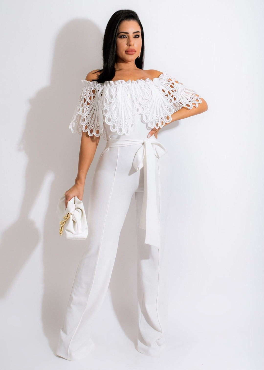 Dame Elegant Off-Shoulder Jumpsuit med dekorativ spids og taljebælte Stilla