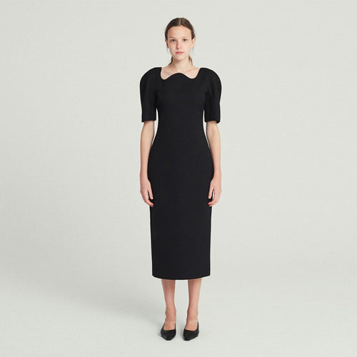 Dame Elegant Midi Kjole med innovativ Udsnit og puffærme Detaljer Stilla