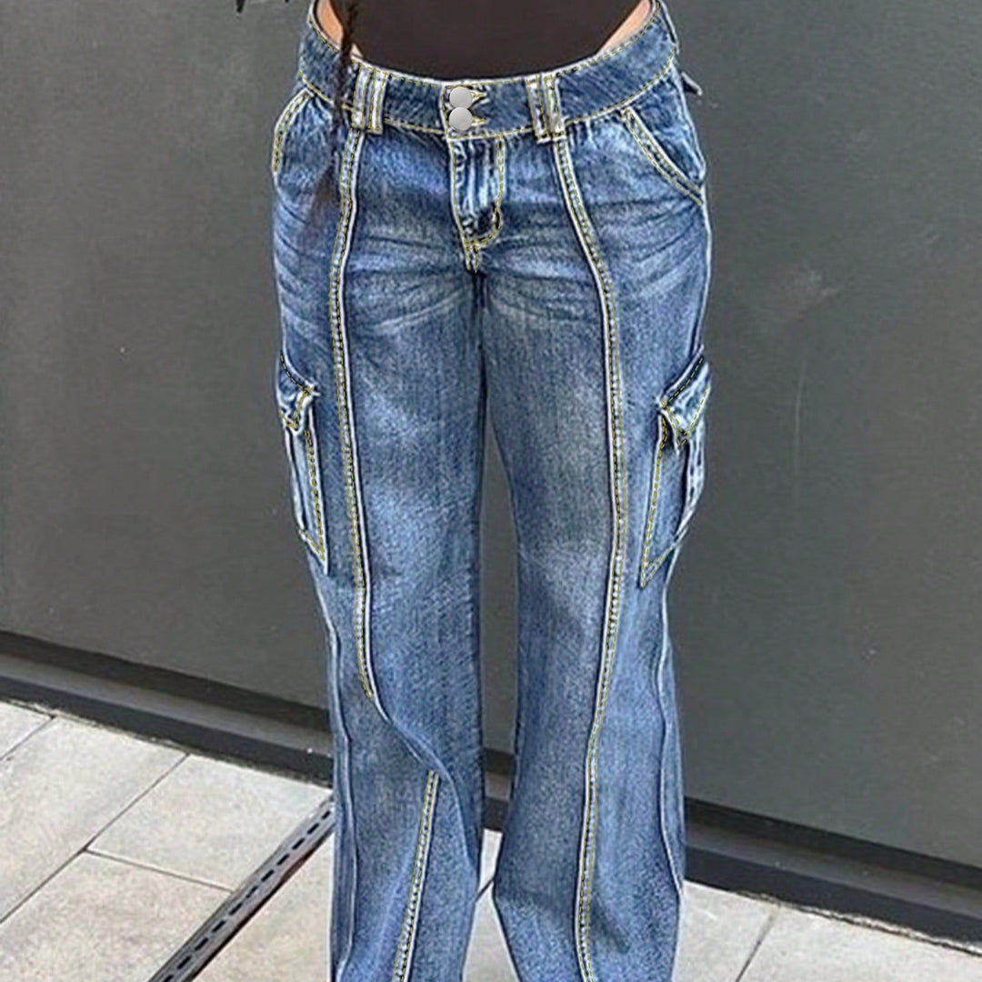 Dame Cargo-Jeans med kontrastfarvede sømme og praktiske sidelommer Stilla