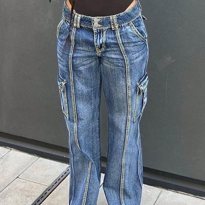 Dame Cargo-Jeans med kontrastfarvede sømme og praktiske sidelommer Stilla