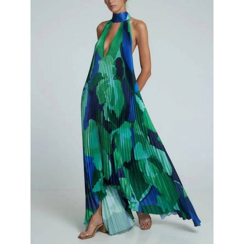 Dame Plisseret Maxikjole med Halterneck-design Stilla