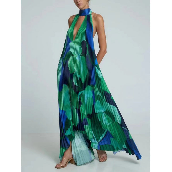 Dame Plisseret Maxikjole med Halterneck-design Stilla